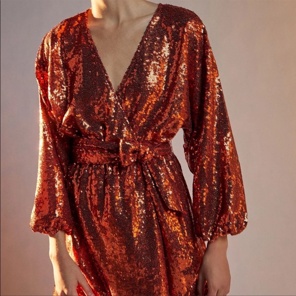 ——SOLD—— Anthropologie Lisabette Sequined Mini Orange Party Dress Large